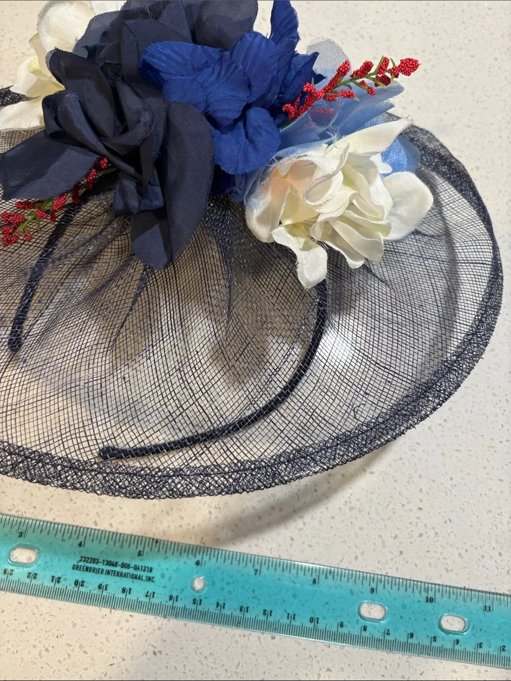 Nordstrom Navy Mesh Headband with Blue and White Floral Accents